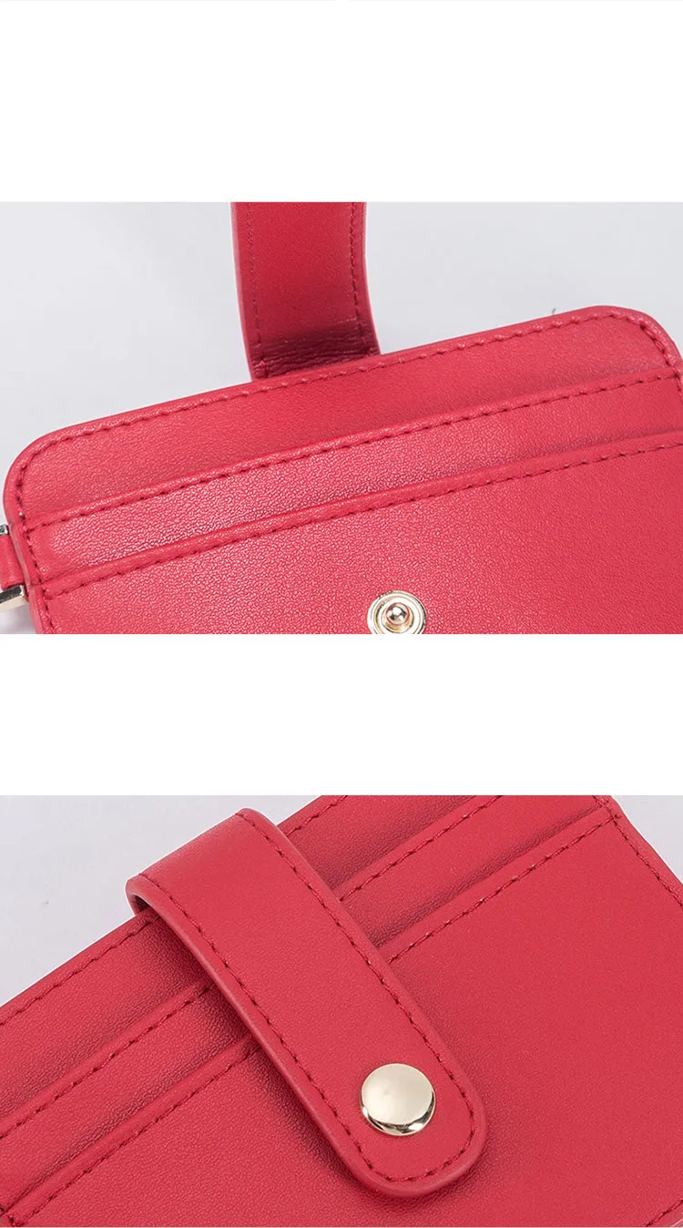 Cute Women Red Leather Card Holder Slim Card Wallet Slim Card Holder with Keychain Ring Credit Card Holder For Women