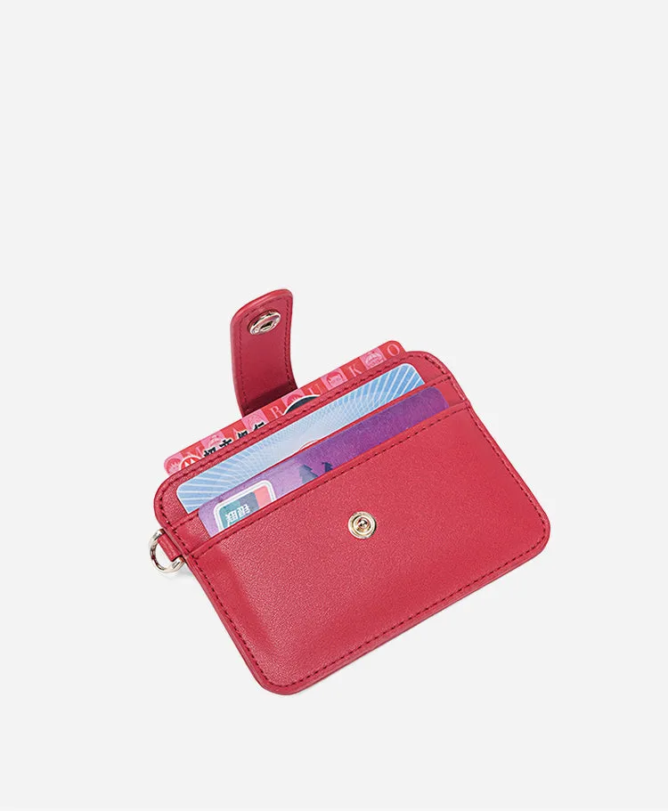 Cute Women Red Leather Card Holder Slim Card Wallet Slim Card Holder with Keychain Ring Credit Card Holder For Women