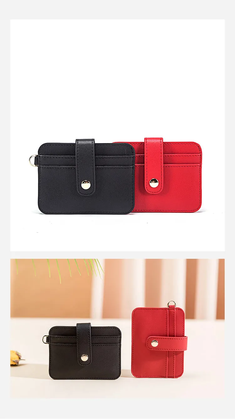 Cute Women Red Leather Card Holder Slim Card Wallet Slim Card Holder with Keychain Ring Credit Card Holder For Women