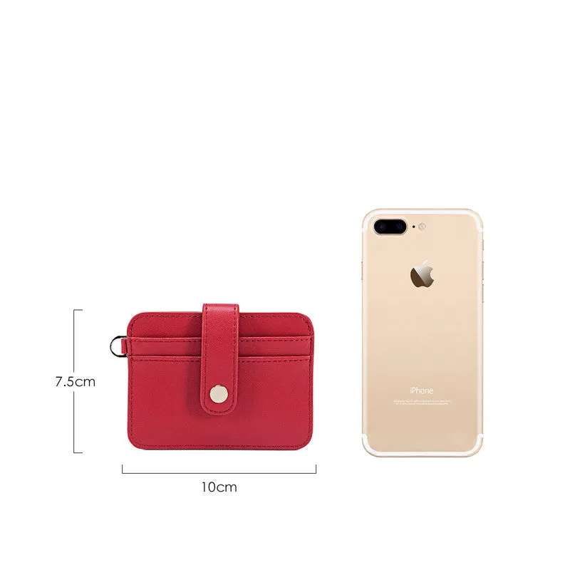 Cute Women Red Leather Card Holder Slim Card Wallet Slim Card Holder with Keychain Ring Credit Card Holder For Women