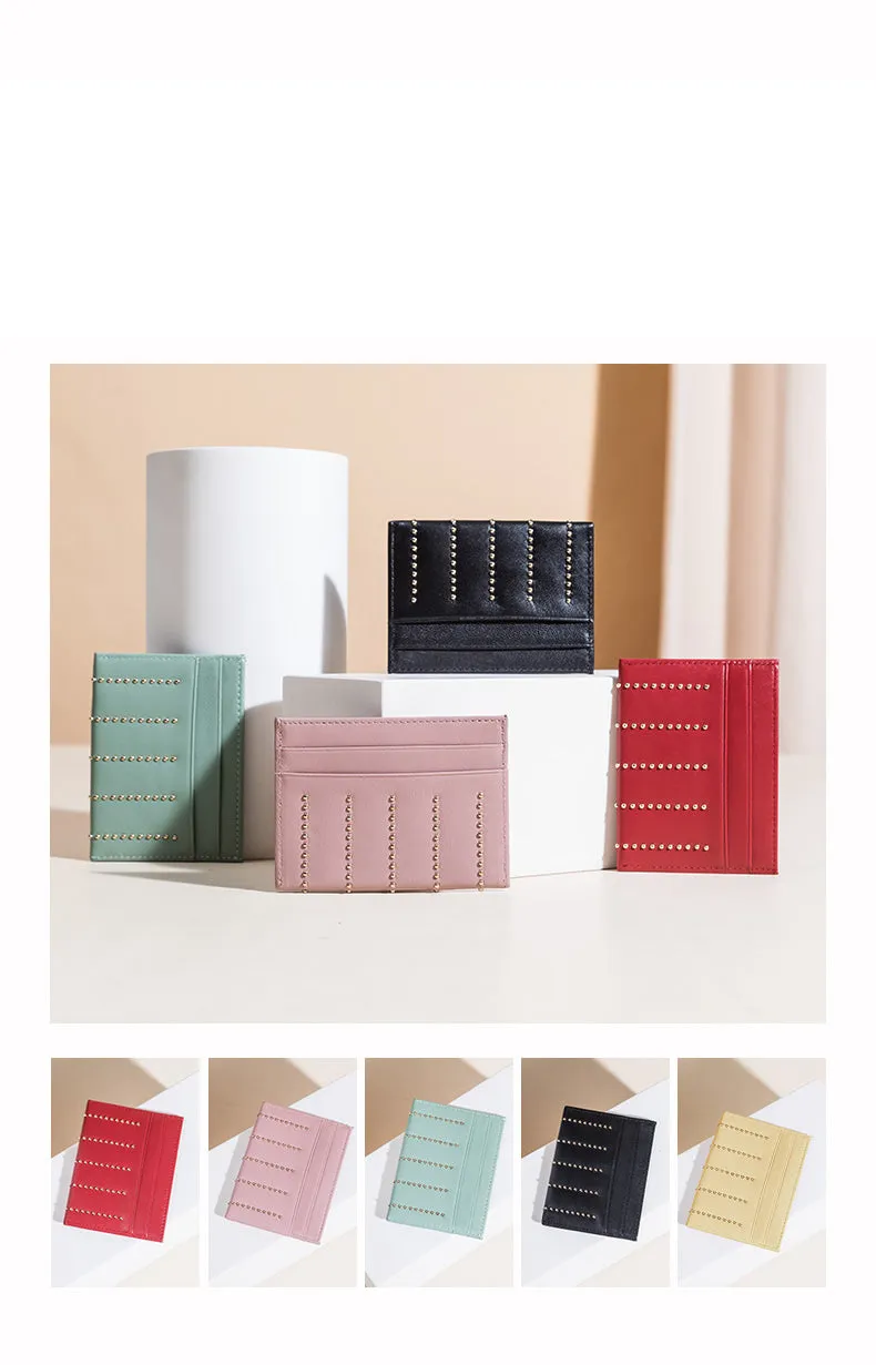 Cute Women Red Sheepskin Card Holder Slim Card Wallet Card Holder with Rivets Credit Card Holder For Women