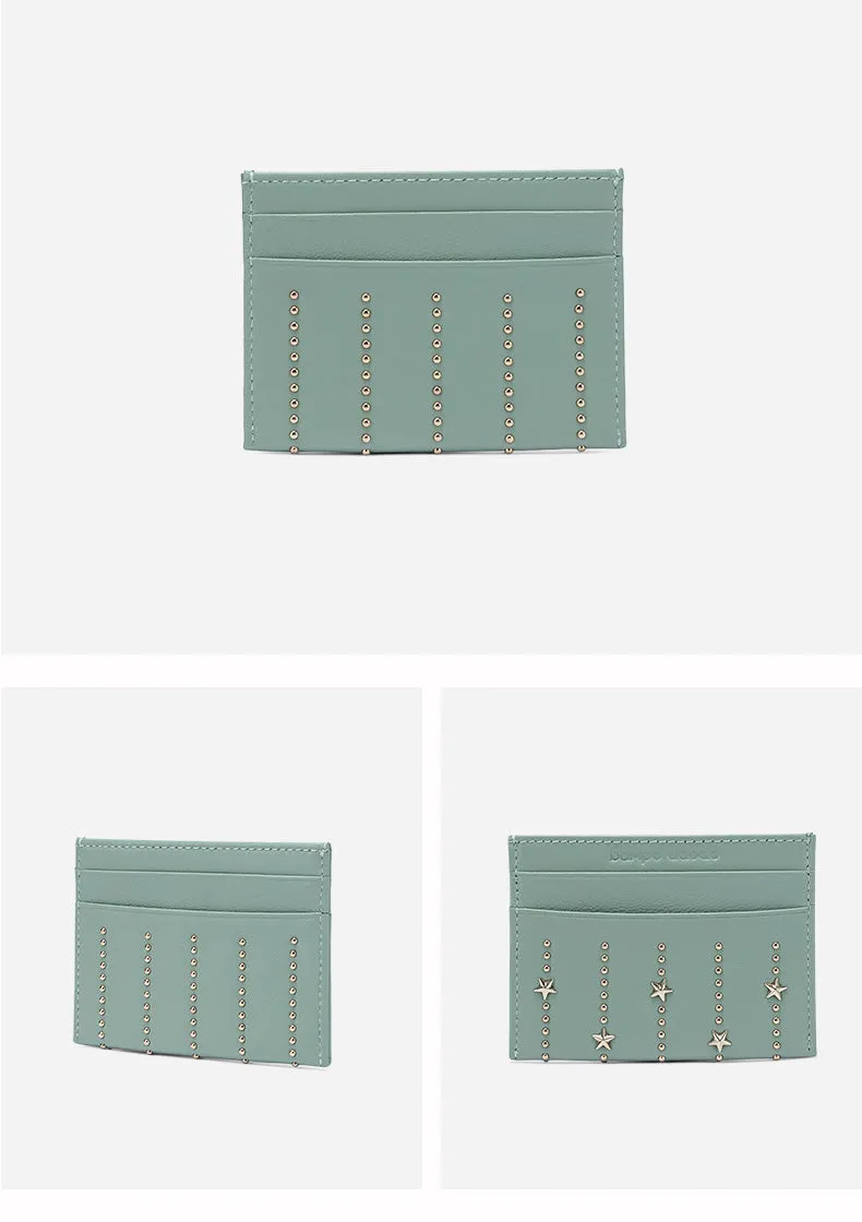 Cute Women Red Sheepskin Card Holder Slim Card Wallet Card Holder with Rivets Credit Card Holder For Women