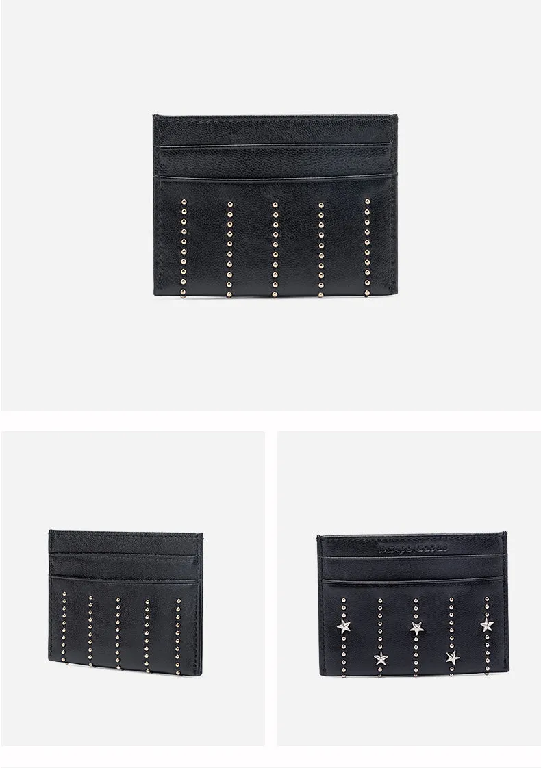 Cute Women Red Sheepskin Card Holder Slim Card Wallet Card Holder with Rivets Credit Card Holder For Women