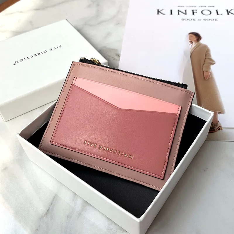 Cute Women Red Vegan Leather Card Holders Slim KeyChain Card Wallet Zip Change Wallet For Women