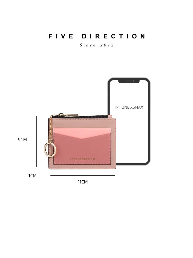 Cute Women Red Vegan Leather Card Holders Slim KeyChain Card Wallet Zip Change Wallet For Women