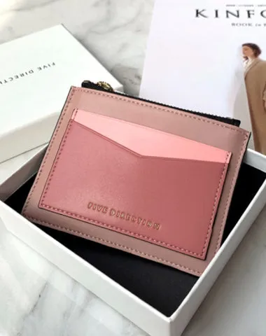 Cute Women Red Vegan Leather Card Holders Slim KeyChain Card Wallet Zip Change Wallet For Women