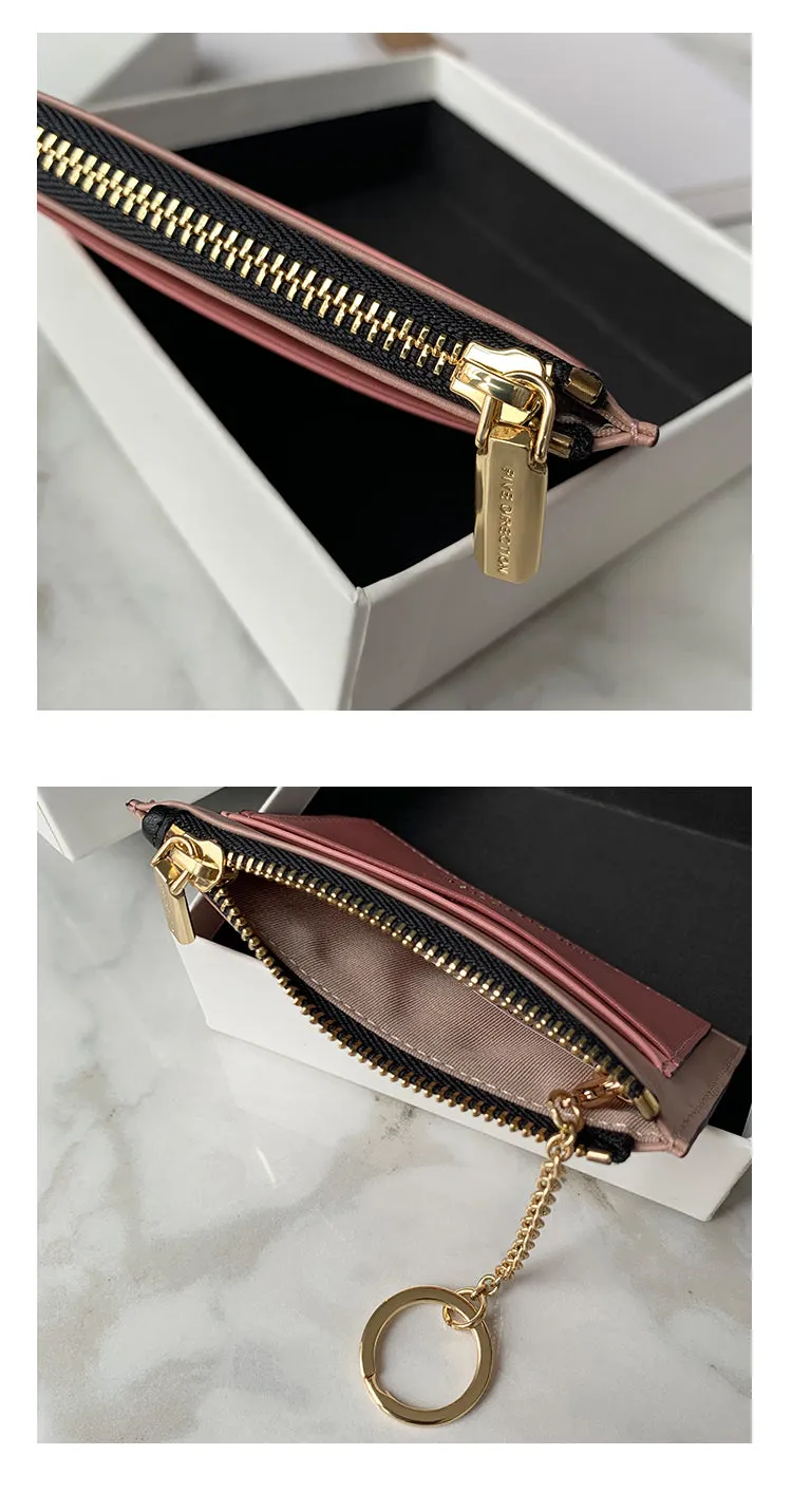 Cute Women Red Vegan Leather Card Holders Slim KeyChain Card Wallet Zip Change Wallet For Women