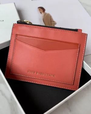 Cute Women Red Vegan Leather Card Holders Slim KeyChain Card Wallet Zip Change Wallet For Women