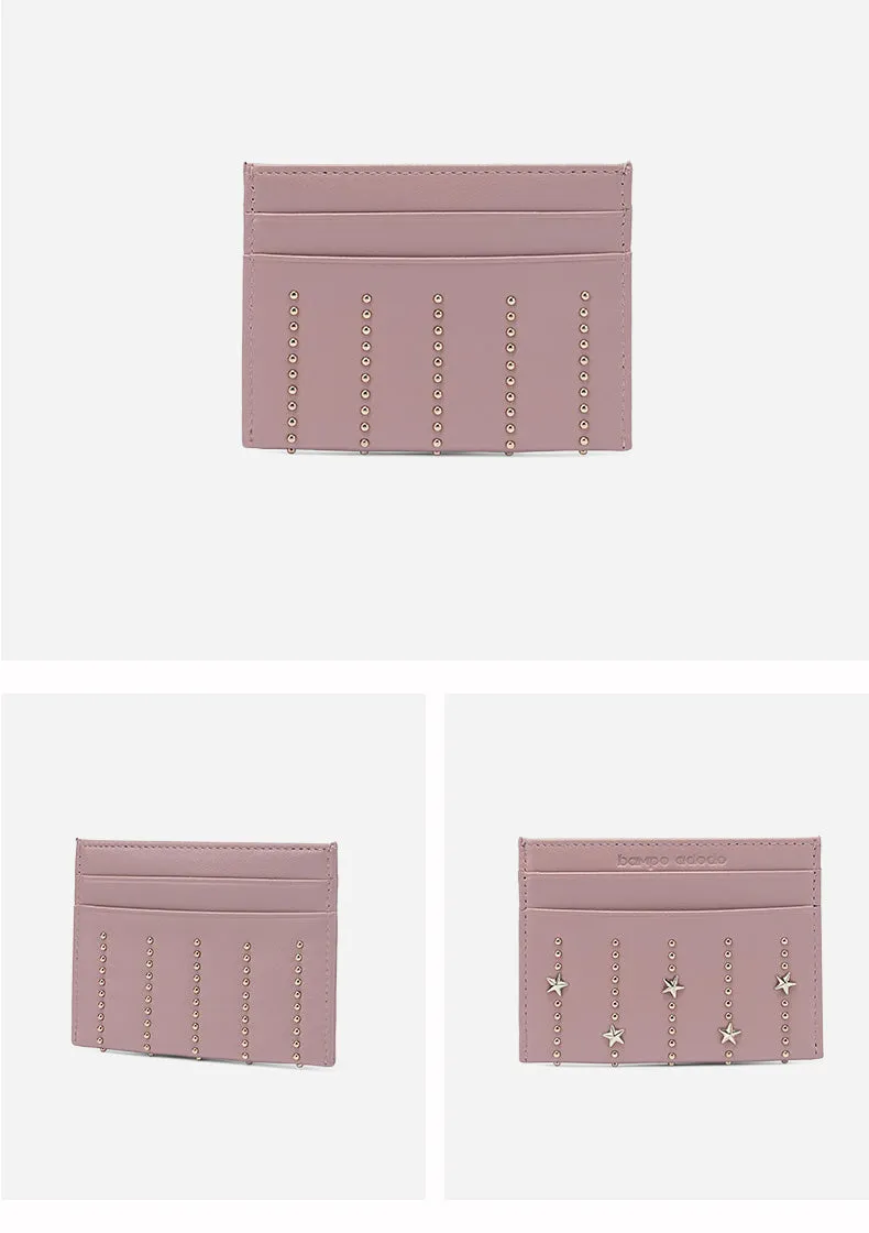 Cute Women Sheepskin Card Holder Slim Card Wallet Card Holder with Rivets Credit Card Holder For Women