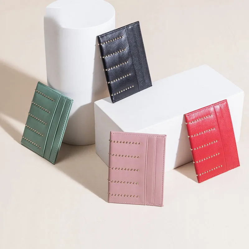 Cute Women Sheepskin Card Holder Slim Card Wallet Card Holder with Rivets Credit Card Holder For Women