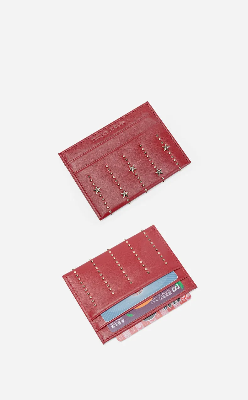 Cute Women Sheepskin Card Holder Slim Card Wallet Card Holder with Rivets Credit Card Holder For Women