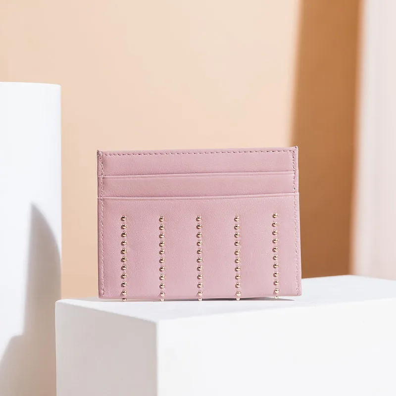 Cute Women Sheepskin Card Holder Slim Card Wallet Card Holder with Rivets Credit Card Holder For Women