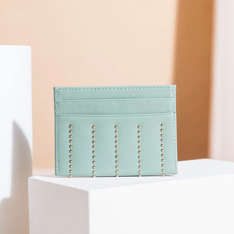 Cute Women Sheepskin Card Holder Slim Card Wallet Card Holder with Rivets Credit Card Holder For Women
