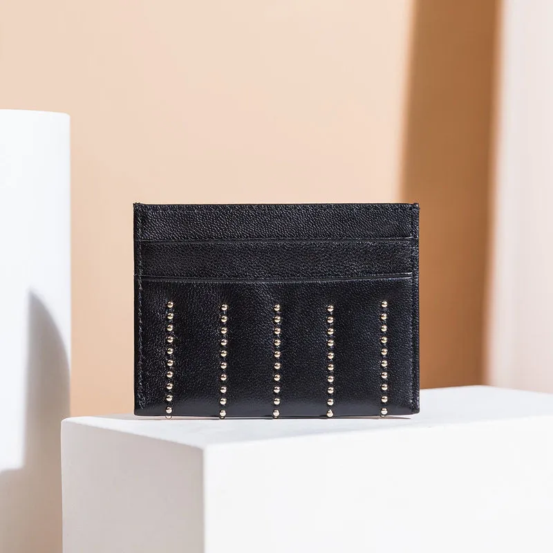 Cute Women Sheepskin Card Holder Slim Card Wallet Card Holder with Rivets Credit Card Holder For Women
