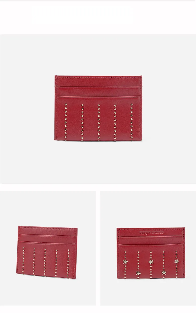 Cute Women Sheepskin Card Holder Slim Card Wallet Card Holder with Rivets Credit Card Holder For Women