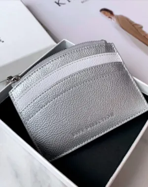 Cute Women Silver Leather Card Holder Small Card Wallet Minimalist Credit Card Holders For Women