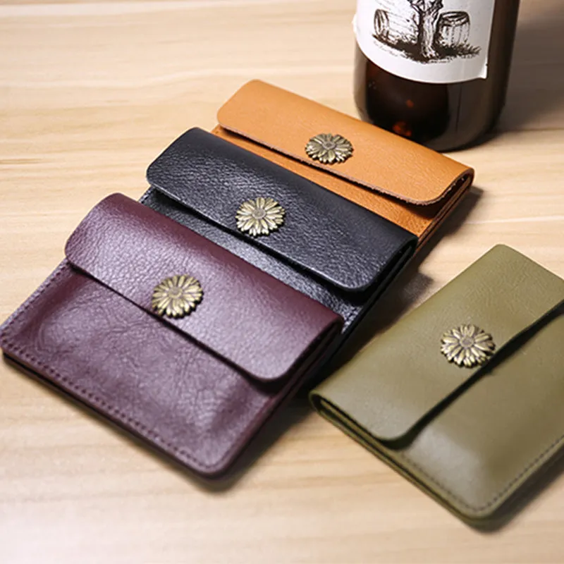 Cute Women Tan Leather Mini Card Wallet Sunflower Coin Wallets Slim Change Wallets For Women