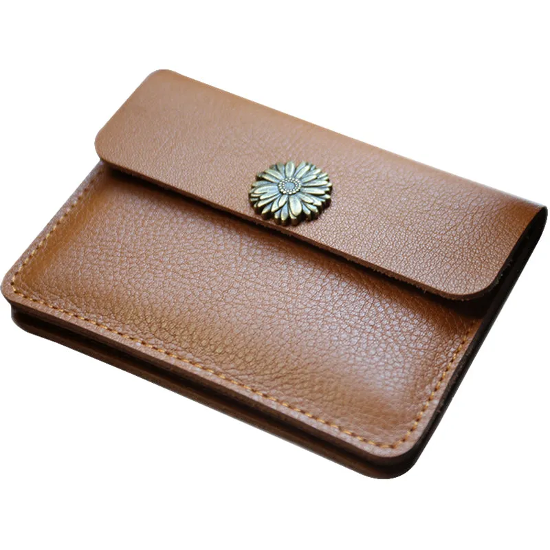 Cute Women Tan Leather Mini Card Wallet Sunflower Coin Wallets Slim Change Wallets For Women