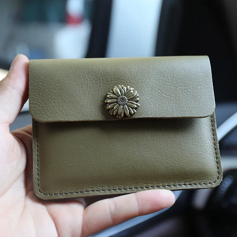 Cute Women Tan Leather Mini Card Wallet Sunflower Coin Wallets Slim Change Wallets For Women