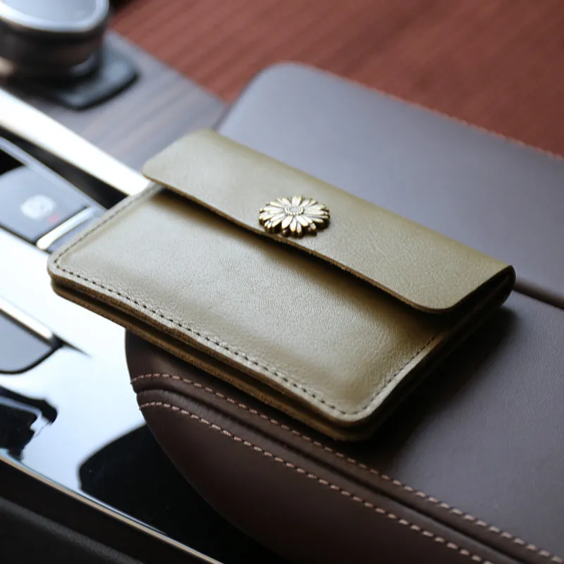 Cute Women Tan Leather Mini Card Wallet Sunflower Coin Wallets Slim Change Wallets For Women