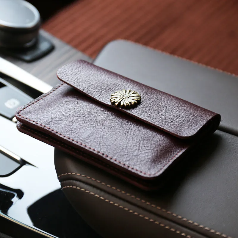 Cute Women Tan Leather Mini Card Wallet Sunflower Coin Wallets Slim Change Wallets For Women