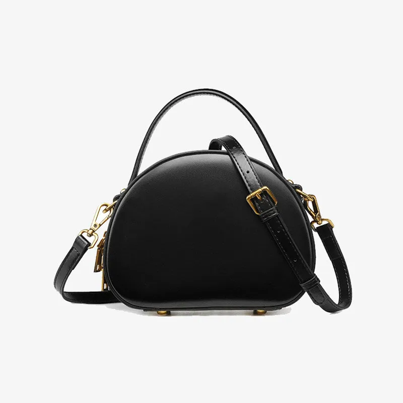 Cute Womens Black Leather Half Round Crossbody Purse Handbag Round Black Shoulder Bag for Women