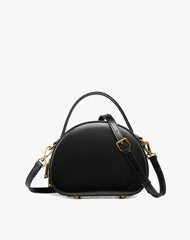 Cute Womens Black Leather Half Round Crossbody Purse Handbag Round Black Shoulder Bag for Women