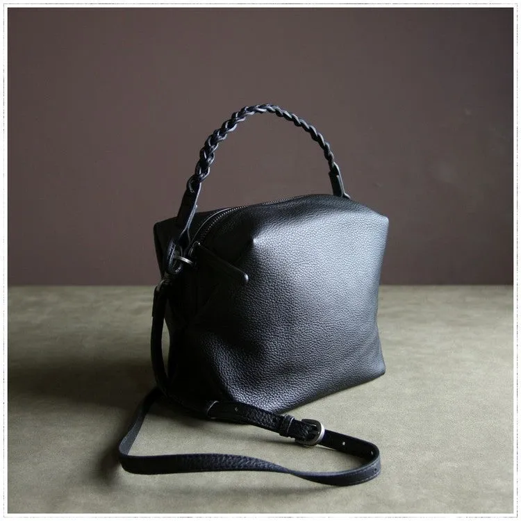 Cute Womens Black Leather Handbag Purse Cube Leather Shoulder Bag Crossbody Purse for Ladies