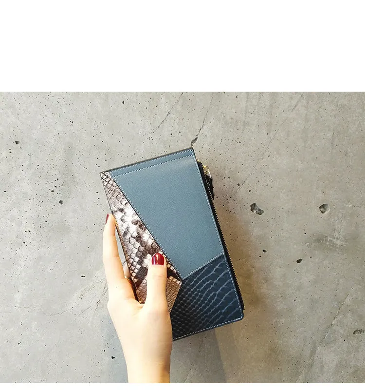 Cute Womens Patchwork Blue Leather Card Wallet Card Clutch Wallet Zip Card Holder Wallet for Women