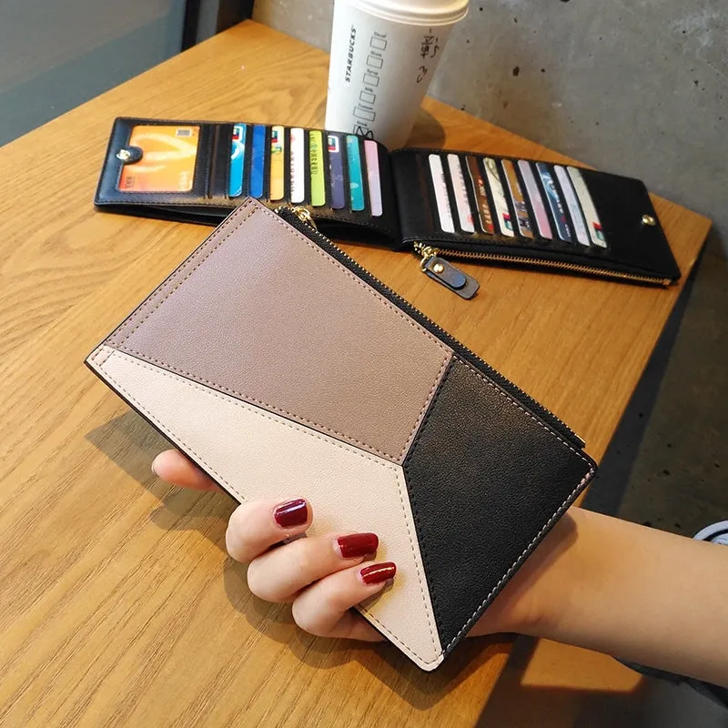 Cute Womens Patchwork Blue Leather Card Wallet Card Clutch Wallet Zip Card Holder Wallet for Women