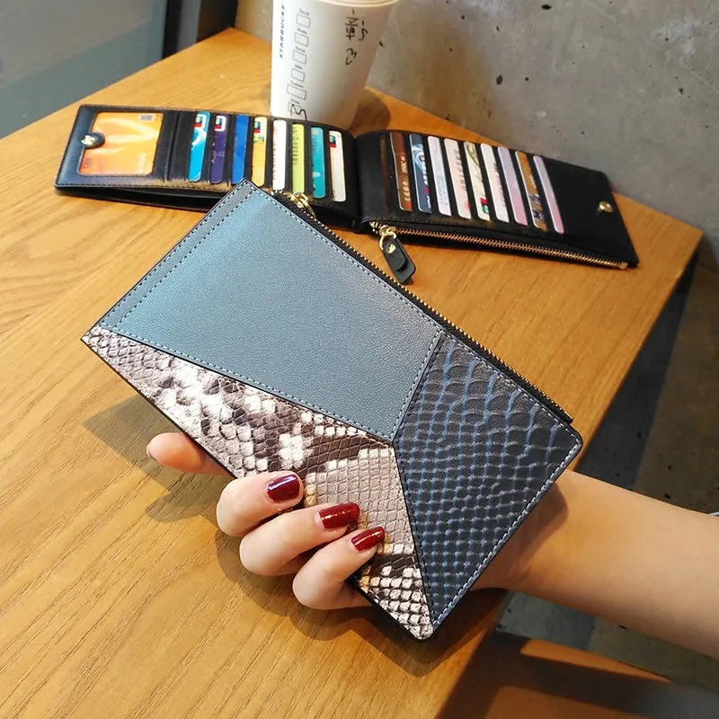 Cute Womens Patchwork Blue Leather Card Wallet Card Clutch Wallet Zip Card Holder Wallet for Women