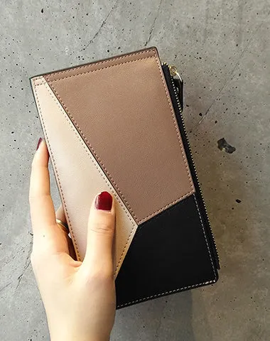 Cute Womens Patchwork Blue Leather Card Wallet Card Clutch Wallet Zip Card Holder Wallet for Women