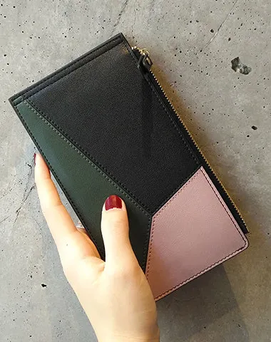 Cute Womens Patchwork Blue Leather Card Wallet Card Clutch Wallet Zip Card Holder Wallet for Women