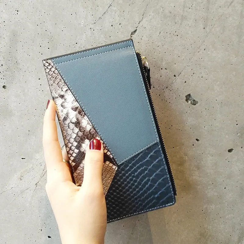 Cute Womens Patchwork Blue Leather Card Wallet Card Clutch Wallet Zip Card Holder Wallet for Women
