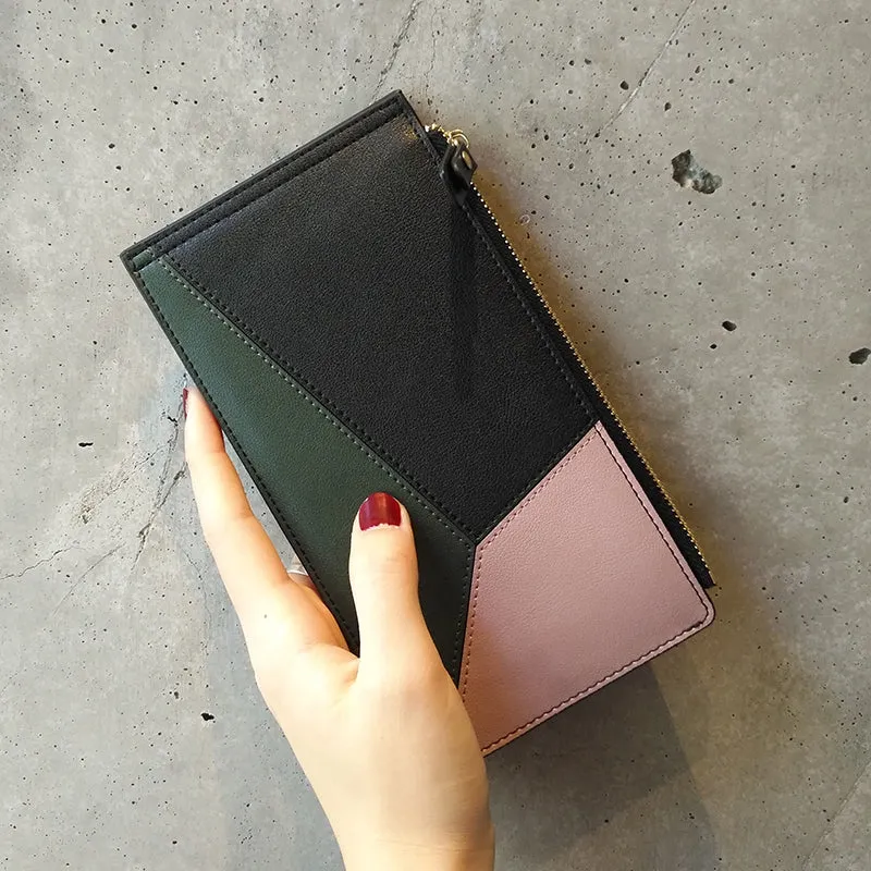 Cute Womens Patchwork Blue Leather Card Wallet Card Clutch Wallet Zip Card Holder Wallet for Women
