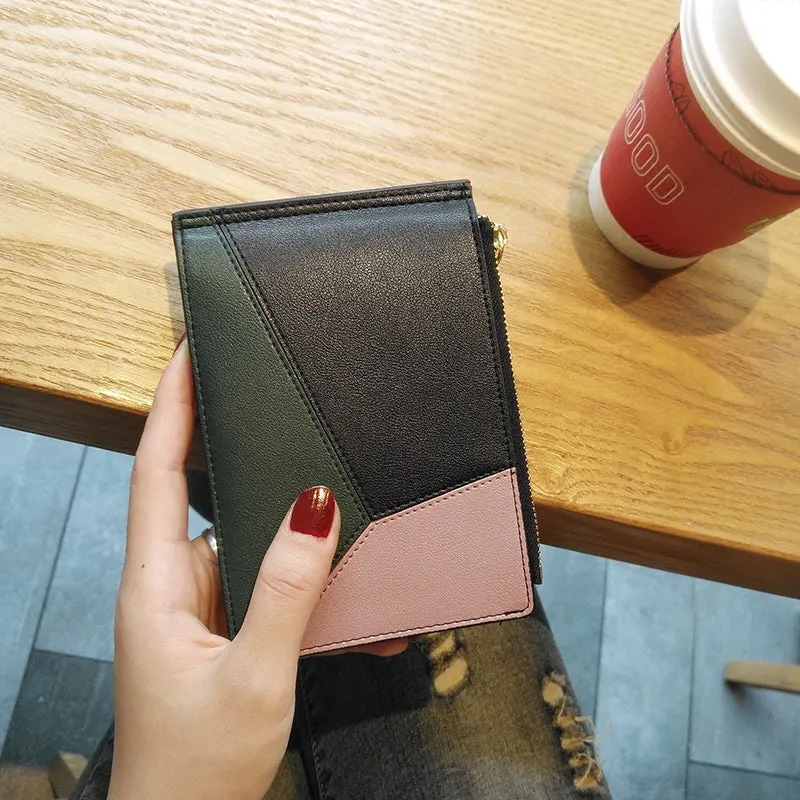 Cute Womens Patchwork Blue Leather Card Wallets Card Clutch Wallet Zip Card Holder Wallet for Women
