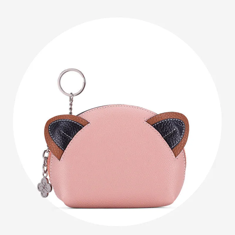 Cutest Women Pink Leather Cat Coin Wallet Small Keychain with Wallet Card Change Wallet For Women