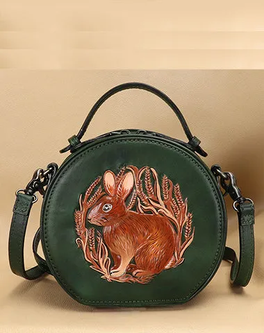 Cutest Womens Leather Round Handbag Bunny Crossbody Purse Vintage Round Shoulder Bags for Women