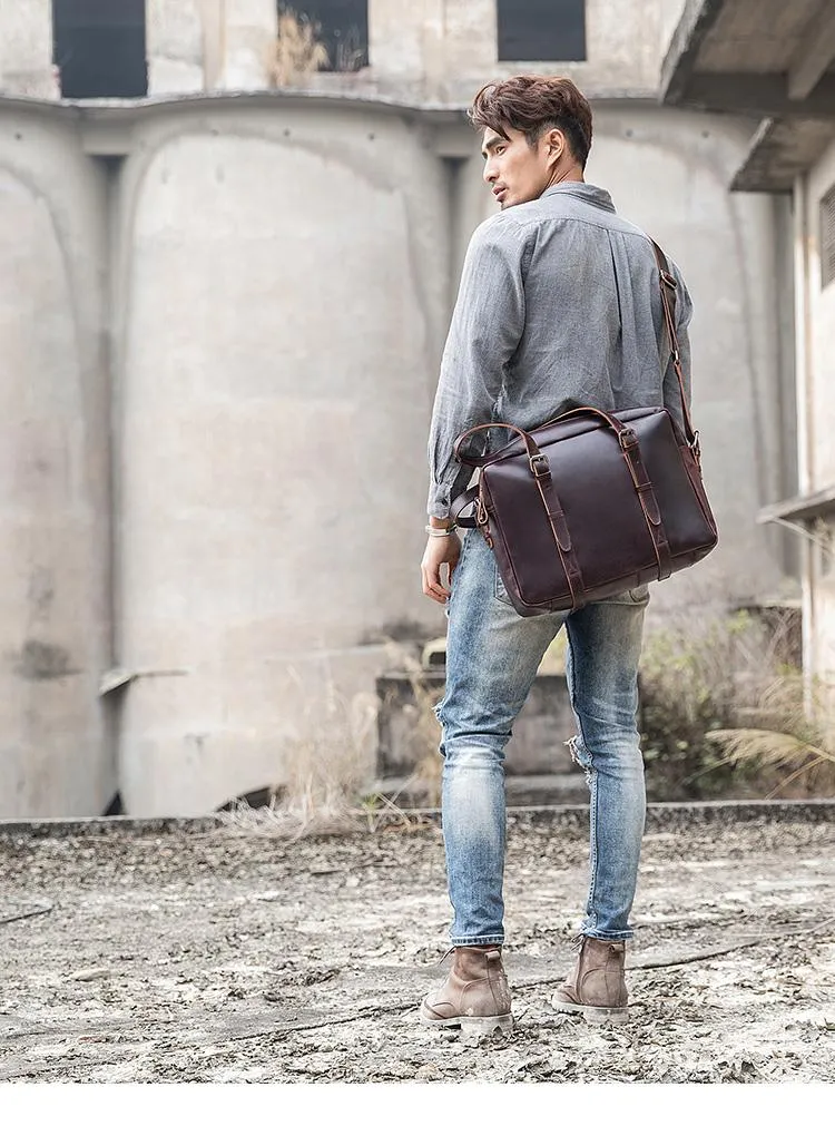 Dark Brown Cool Leather Mens Large 15 inches Briefcase Laptop Briefcase Messenger Bags Side Bags Work Bag for Men