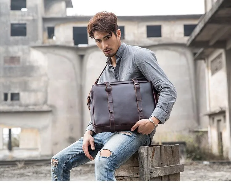 Dark Brown Cool Leather Mens Large 15 inches Briefcase Laptop Briefcase Messenger Bags Side Bags Work Bag for Men