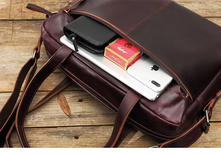 Dark Brown Cool Leather Mens Large 15 inches Briefcase Laptop Briefcase Messenger Bags Side Bags Work Bag for Men
