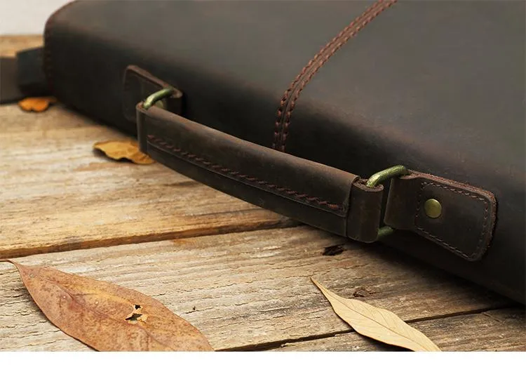 Dark Brown Leather Mens Large 14 inches Work Briefcase Laptop Bag Messenger Bags Work Side Bags for Men