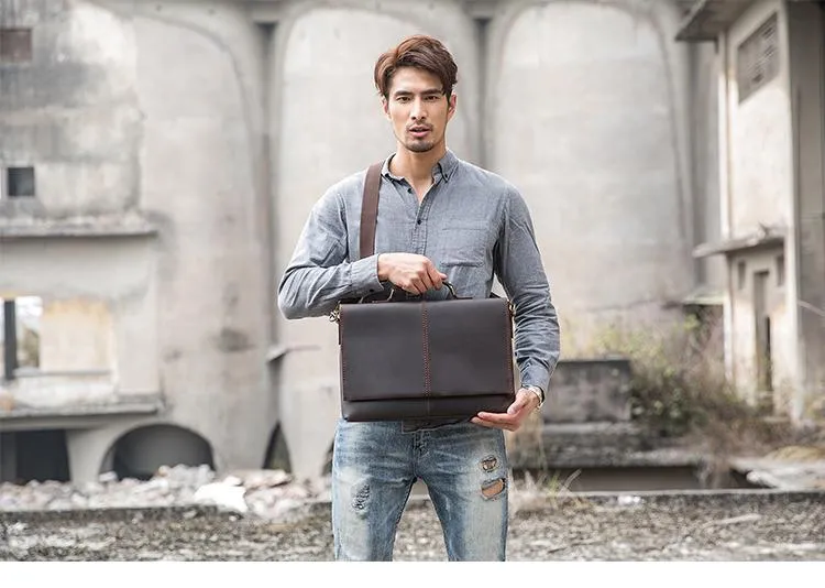 Dark Brown Leather Mens Large 14 inches Work Briefcase Laptop Bag Messenger Bags Work Side Bags for Men