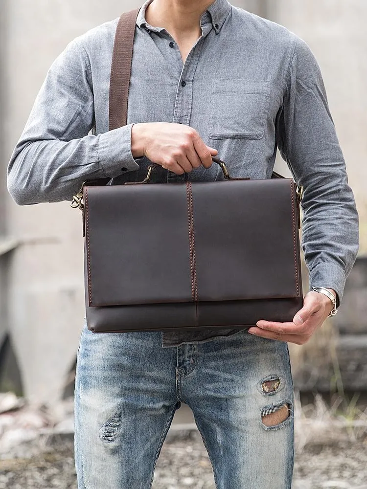 Dark Brown Leather Mens Large 14 inches Work Briefcase Laptop Bag Messenger Bags Work Side Bags for Men
