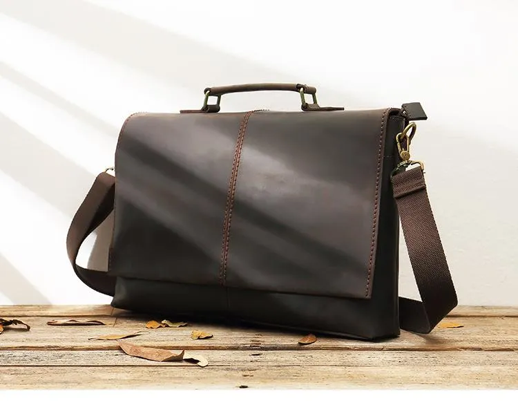 Dark Brown Leather Mens Large 14 inches Work Briefcase Laptop Bag Messenger Bags Work Side Bags for Men