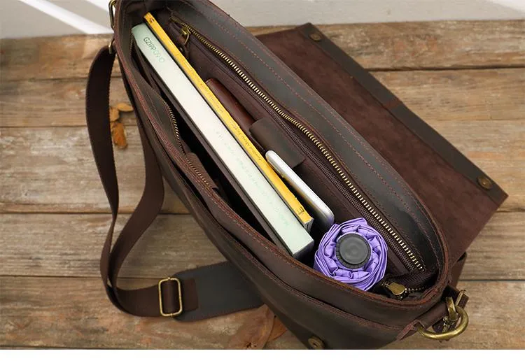 Dark Brown Leather Mens Large 14 inches Work Briefcase Laptop Bag Messenger Bags Work Side Bags for Men