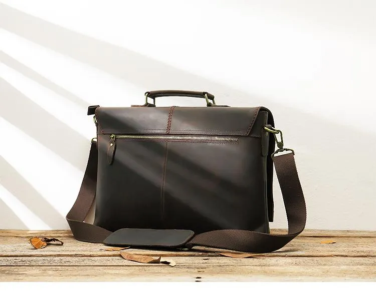 Dark Brown Leather Mens Large 14 inches Work Briefcase Laptop Bag Messenger Bags Work Side Bags for Men