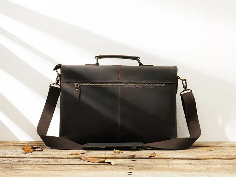 Dark Brown Leather Mens Large 14 inches Work Briefcase Laptop Bag Messenger Bags Work Side Bags for Men
