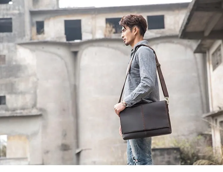 Dark Brown Leather Mens Large 14 inches Work Briefcase Laptop Bag Messenger Bags Work Side Bags for Men
