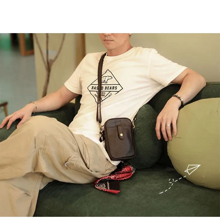 Dark Brown Vintage Leather Mens Small Messenger Bag Waist Bag Black Belt Pouch Bag For Men
